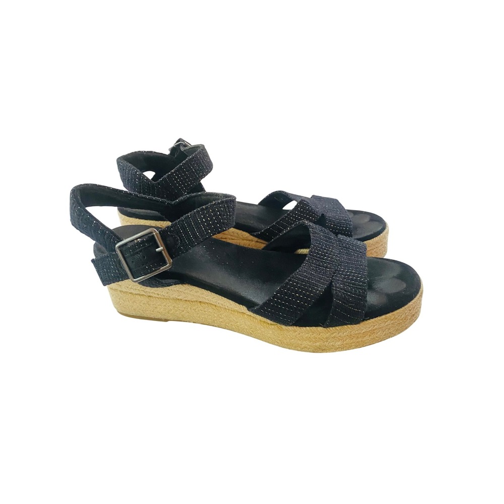 TOMS Monica Black Gold Metallic Espadrille Wedge Sandals Womens 8